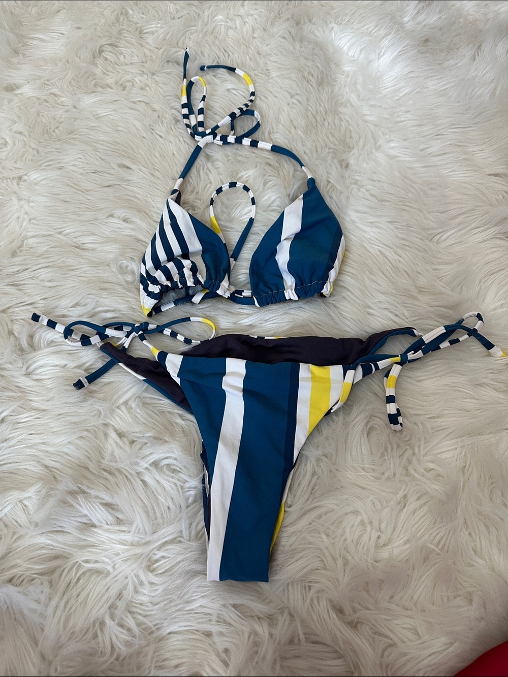 Maaji Blue White and Yellow Striped Bikini Set no size best for small